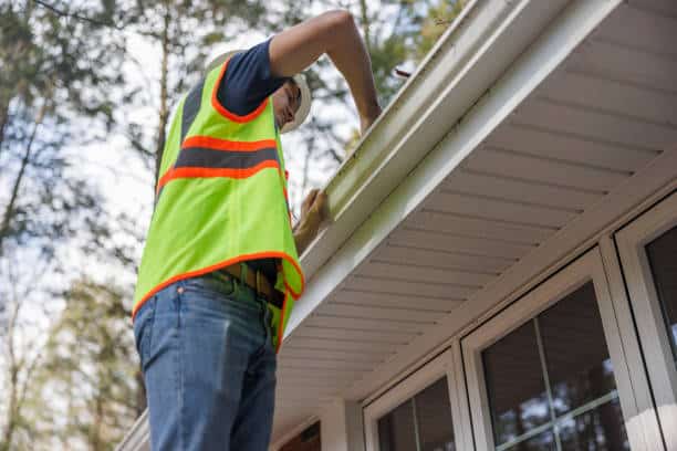 Denver Gutter Cleaning - 36-years-old worker stands on a ladder and cleans a roof gutter.