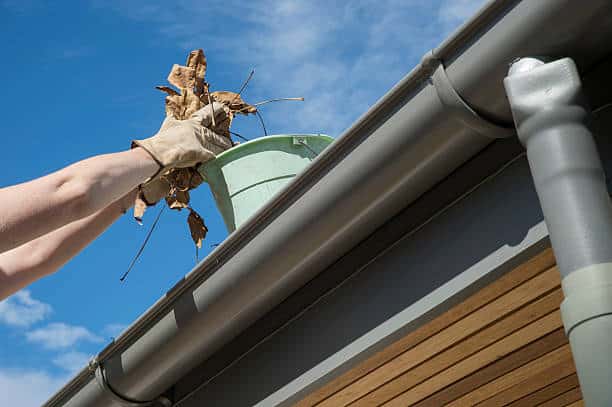 Denver Gutter Cleaning - Person cleans the leaves from the gutter putting them in bucket during Autumn